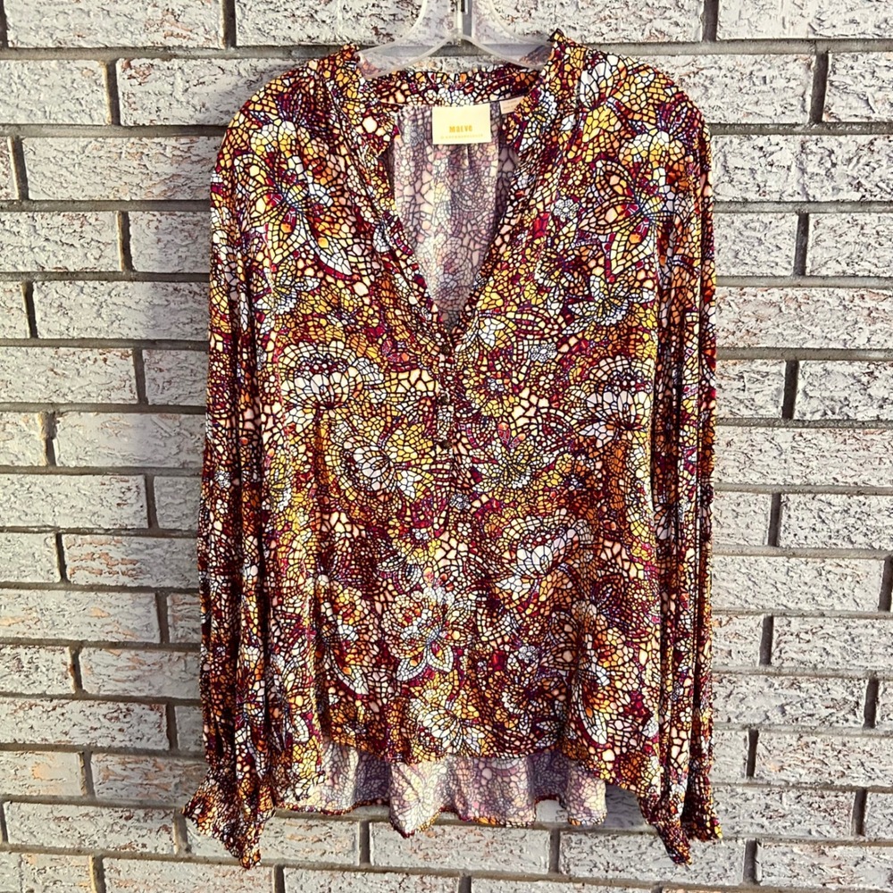 Maeve by Anthropologie Mosaic Print V-Neck Blouse Orange Yellow XL Boho
